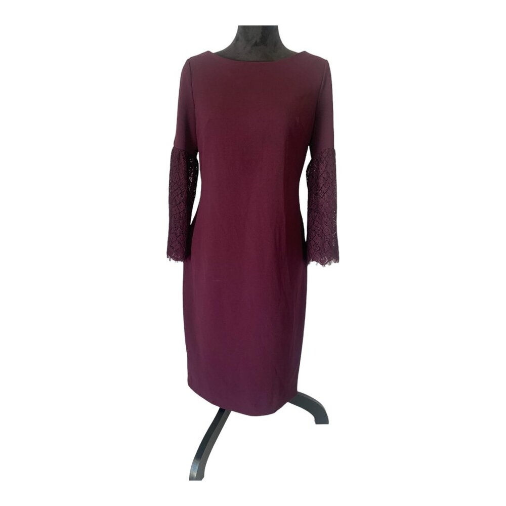 Calvin Klein Aubergine, Boat Neck, Lace Bell Sleeves, Sheath Dress – Size 10